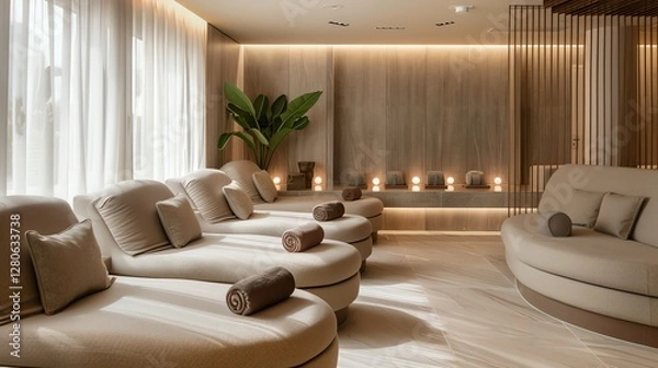 Obraz A luxurious spa lounge with comfortable seating.
