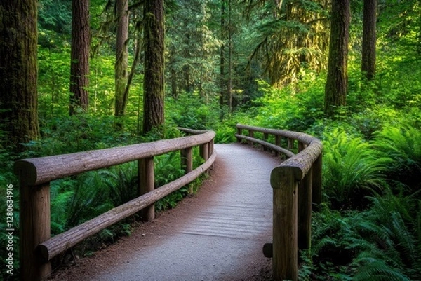 Fototapeta Scenic hiking trail winding through lush woods showcasing the beauty of nature and tranquility