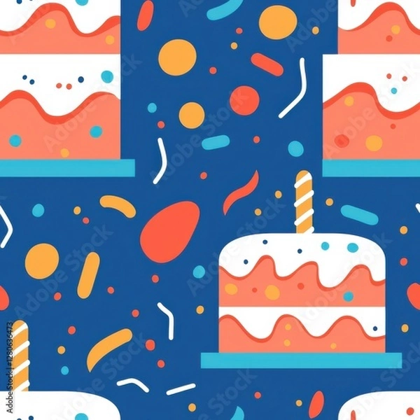 Fototapeta Minimal cakes, seamless illustrations. Colorful cake pattern with festive decorations on a blue background, perfect for celebrations and party themes.