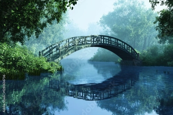 Fototapeta Wooden bridge over tranquil river surrounded by lush greenery in a misty landscape