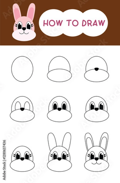 Fototapeta How to draw rabbit face cartoon step by step for learning, kid, education, coloring book and easter egg