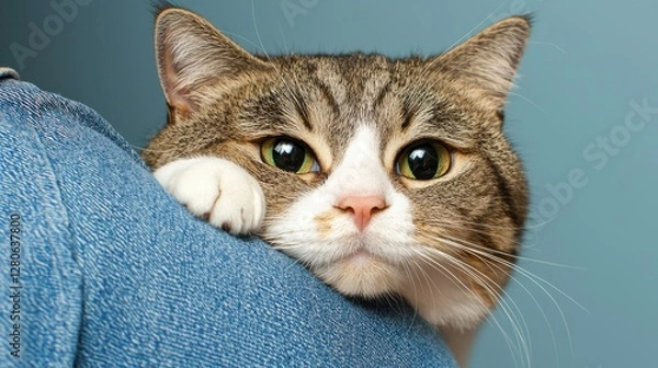Obraz Playful cat relaxing on human's shoulder cozy indoor setting animal portrait warm environment close-up view feline companionship