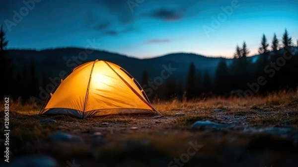 Fototapeta An inviting tent gives off a warm glow against the backdrop of darkening mountains, showcasing an idyllic camping scene that perfectly aligns with adventure and tranquility.