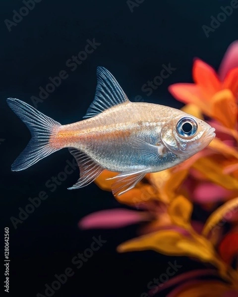 Fototapeta Aquarium fish swimming among colorful plants underwater scene nature photography close-up view captivating aquatic life