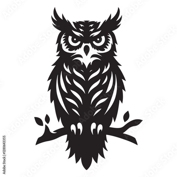 Fototapeta Great Horned Owl Bird Silhouette Vector Illustration, Solid White Background.