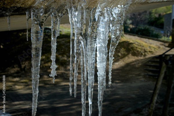 Obraz  冬の陽光に輝く橋の下の氷柱