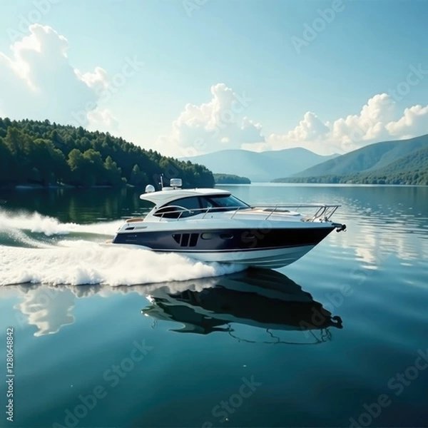 Obraz A sleek motor yacht speeding across the surface of a calm lake, lake, boats