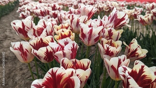 Fototapeta A field of striped tulips