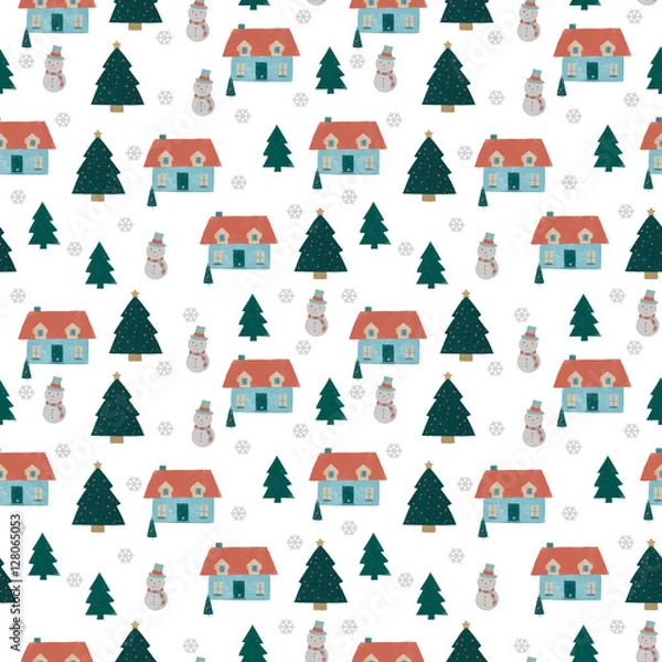Fototapeta Christmas seamless pattern with snowman,  trees and snowflakes.