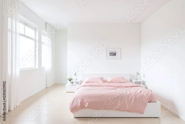 Obraz Modern minimalist bedroom with white walls white bed and framed picture