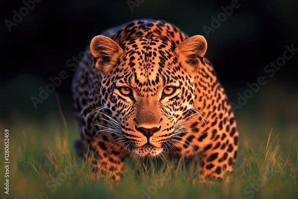 Fototapeta Majestic leopard prowls through tall grass, showcasing stunning
