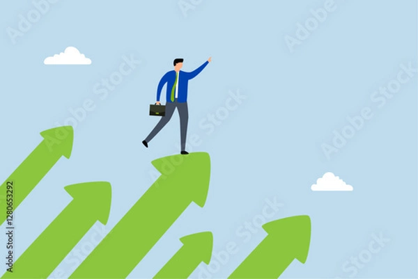 Fototapeta Company success moving forward, confident entrepreneur positioned on ascending arrows directed toward sky next objective. 