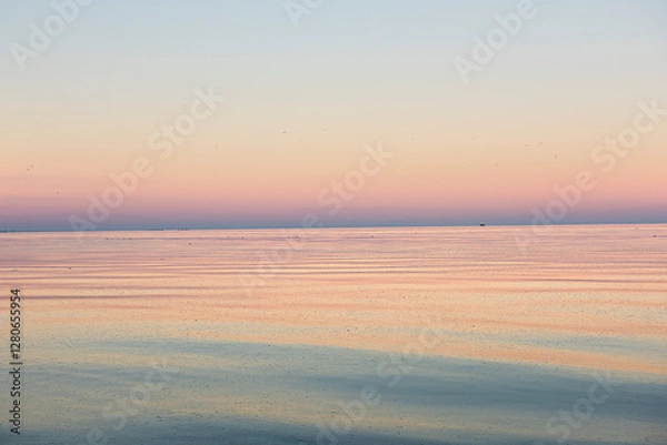 Fototapeta calm sea surface in different shades of pink and lilac at sunset. minimalist sea calm landscape