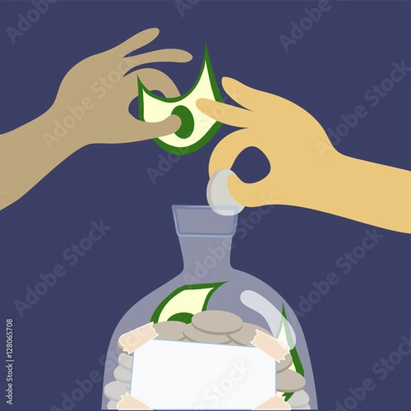 Obraz Hands Inserting Coin and Bank Note into Saving Jar, Isolated Saving Money concept Close up