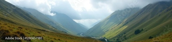Fototapeta Mountain landscape with mist and fog in Cwmystwyth valley, nature, wales, cwmystwyth