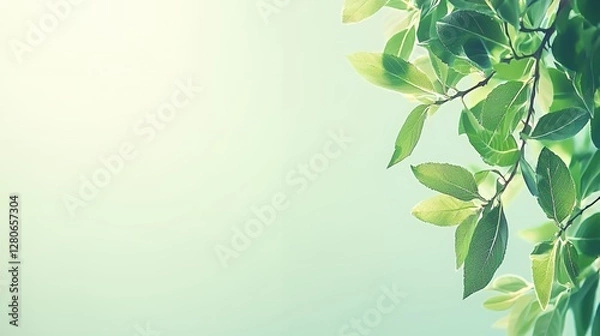 Fototapeta Green Leaves on Branch Against Soft Mint Background