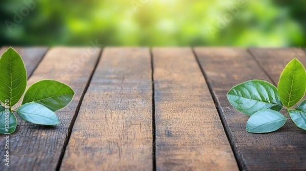 Fototapeta Green Leaves on Rustic Wooden Table with Blurred Natural Background