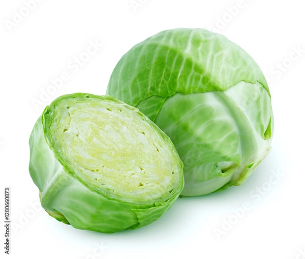Obraz Isolated green cabbage. Whole and half of green cabbage isolated on white background