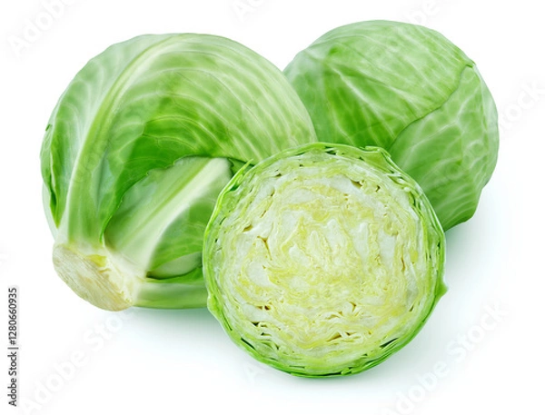 Fototapeta Isolated green cabbages. Two whole and a slice of green cabbage isolated on white background