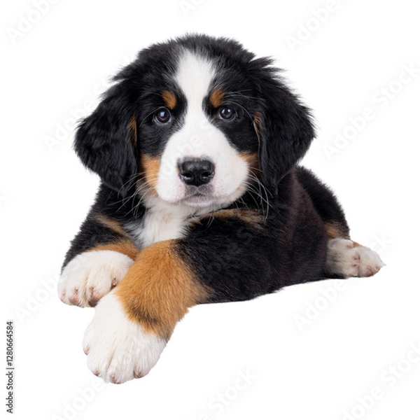 Fototapeta Adorable Bernese Mountain dog puppy, laying down facing front. Looking curious to camera. Isolated cutout on a transparent background