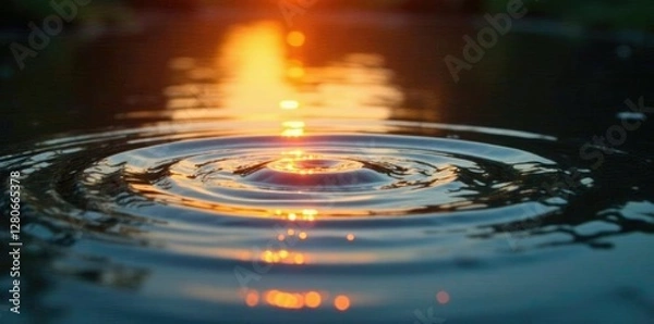 Fototapeta Water ripples on pond surface illuminated by warm sunset light, pond, reflection
