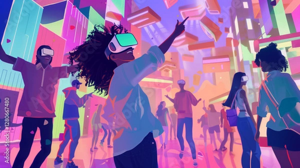 Fototapeta A scene of diverse friends interacting over a multiplayer game in the metaverse, with playful avatars dancing and socializing in a vibrant digital city.