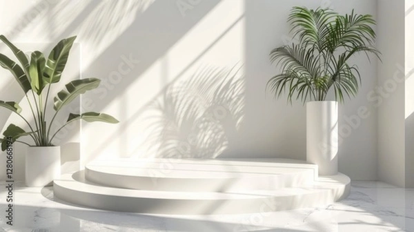 Fototapeta Minimal white room, cylinder podium, subtle palm leaf shadows, abstract product display setup