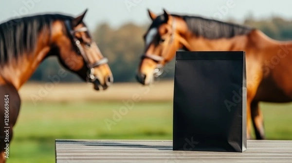 Fototapeta A close up view features a horse standing next to a large black paper food bag against a blurred background of a field and elegant stables perfect for advertising equine products