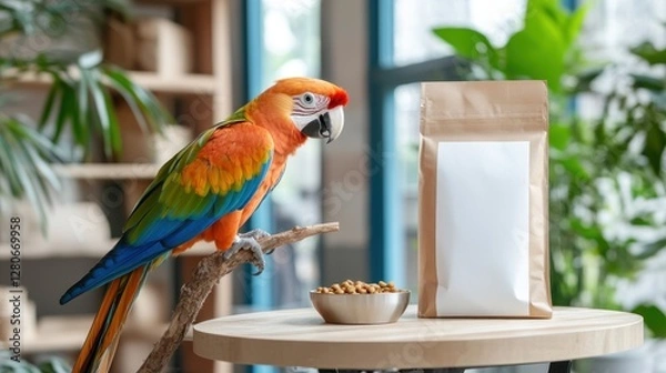 Fototapeta A vibrant and colorful parrot sits gracefully on a branch beside a food bowl filled with treats and a plain mockup bag of parrot food in a well-lit pet store