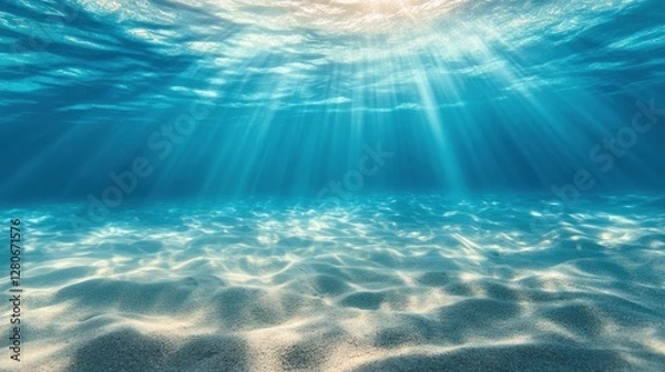 Fototapeta A tranquil underwater scene capturing sunlight filtering through calm ocean waters, illuminating the sandy seabed.