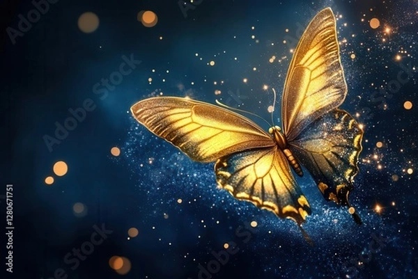 Fototapeta luminous golden butterfly with sparkling wings against deep midnight blue background, trailing magical stardust