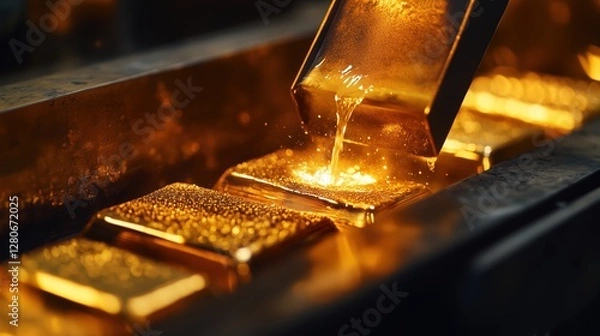 Obraz Macro shot of molten gold being poured into a mold to form solid gold bars
