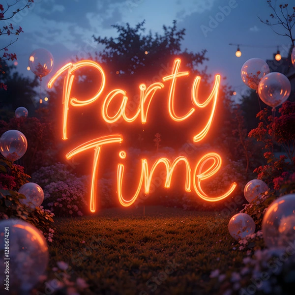 Fototapeta Text 'Party Time" green neon color glowing light on dark night city realistic. 