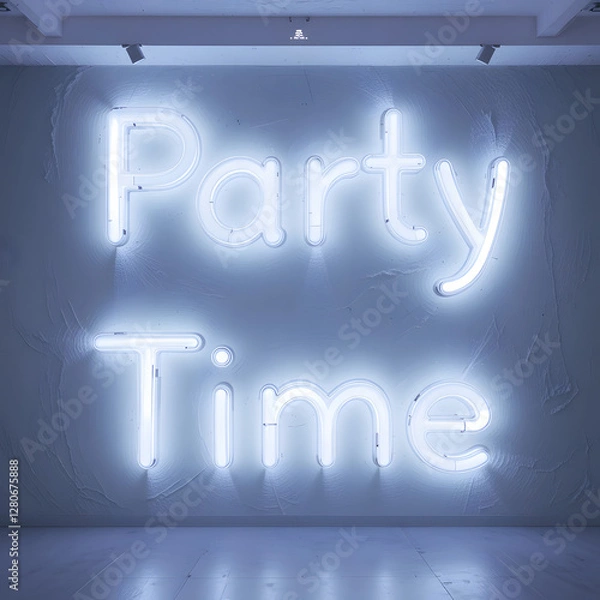 Fototapeta 3D Render of Creative Idea Sign on Empty Stage with Spotlights and Neon Lights for Holiday Celebration Text "Party Time"