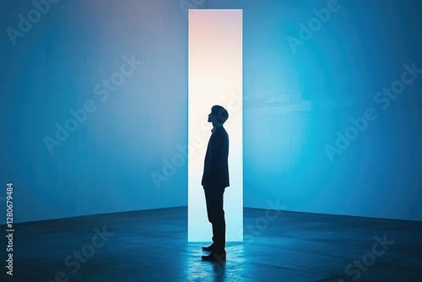 Fototapeta Silhouette of a man standing before a luminous gateway, symbolizing opportunity and new beginnings.