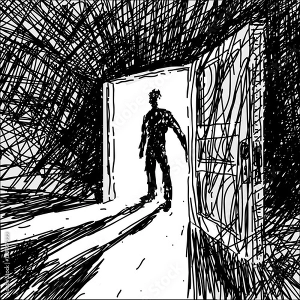 Fototapeta Man Enters Into Dark Room Vector Illustration