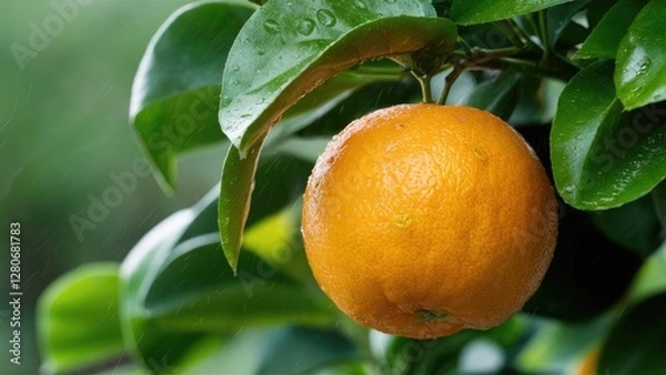 Fototapeta Vibrant orange orange fruit hanging from lush green leaves on a tree glistening with raindrops in soft natural light after a rainfall