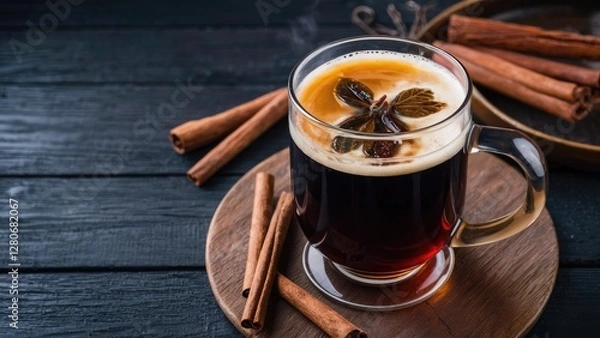 Fototapeta Mulled dark beer in a glass mug garnished with spices on a wooden plate with cinnamon sticks arranged around it against a dark wood backdrop