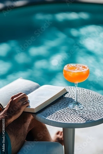 Fototapeta A person sitting by the pool with an exotic cocktail, reading a book on their side table