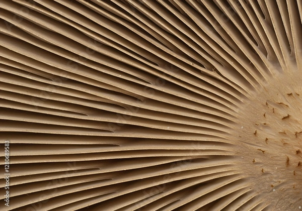 Fototapeta Abstract close-up of mushroom gills in soft beige tones with delicate textures