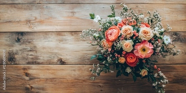 Fototapeta Vibrant bouquet of roses and wildflowers in shades of peach, pink and white atop rustic wooden table with ample blank space for text addition
