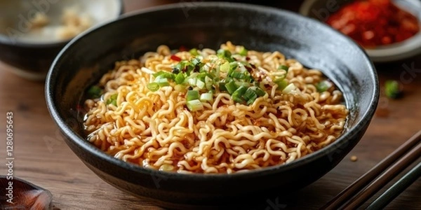 Fototapeta Bowl of fried instant noodles with green onions on top set on wooden table with chopsticks and bowls in the background showcasing quick meal option