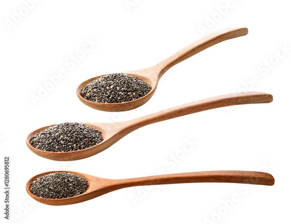Obraz chia seeds in wooden spoon , Isolated on transparen png.