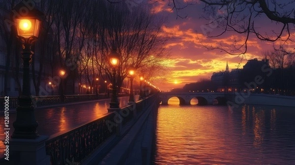 Fototapeta bridge in Paris at sunset, where street lamps glow softly, and the Seine reflects the warm hues of the sky.