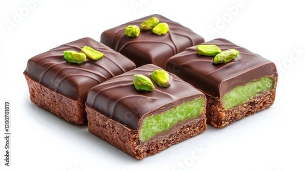 Obraz Closeup image of four decadent chocolate squares topped with vibrant green frosting perfect for chocolate lovers
