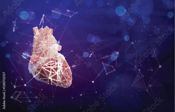Fototapeta 3D illustration of a structure of triangles connected by dots in the shape of a human heart placed on a dark background. Used in medicine, science, education, advertising, commerce and industry.