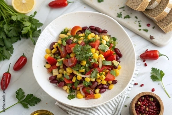 Fototapeta Fresh Vegetable and Bean Salad with Corn Cilantro and Tomatoes on Marble Surface with Bread and Herbs