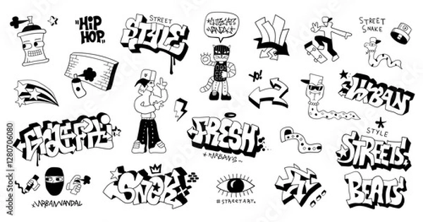 Fototapeta Graffiti doodles funny characters hand drawn lettering vector collection , background for kids