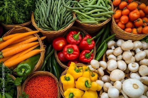 Fototapeta A colorful array of baskets filled with various types and colors of vegetables, including carrots, peppers, green beans, mushrooms, tomatoes, garlic, and other spices