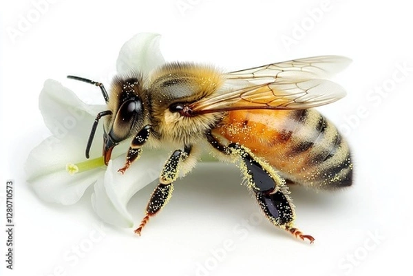 Fototapeta A close-up shot of a bee sitting on a white flower, perfect for illustrations and designs